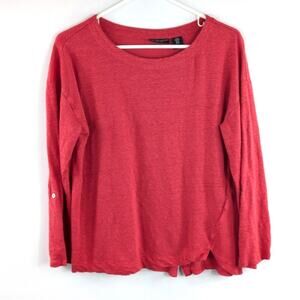 Adrienne Vittadini M Red Linen Knit Top Long Sleeve Lightweight Casual Blouse